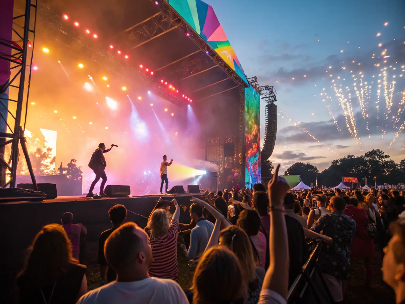 A lively scene from a musical performance at the Raiffeisen Festival, featuring a band playing upbeat tunes and an enthusiastic audience enjoying the show.