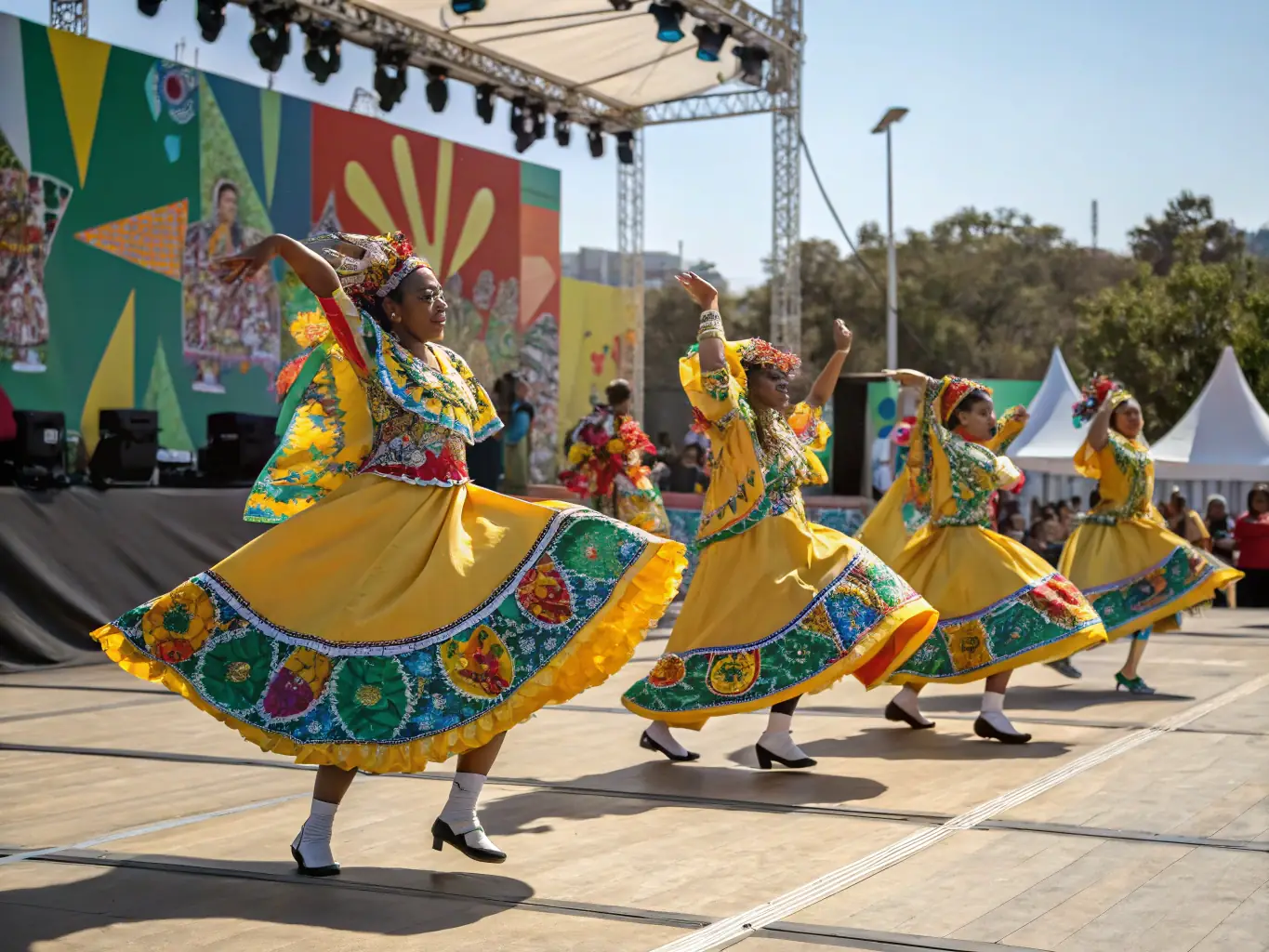 A vibrant photograph capturing a traditional Hungarian folk dance performance at the Raiffeisen Festival, showcasing colorful costumes and energetic movements.